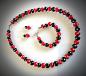 Preview: Rot-schwarzes Perlenset Kette, Armband, Ohrhänger