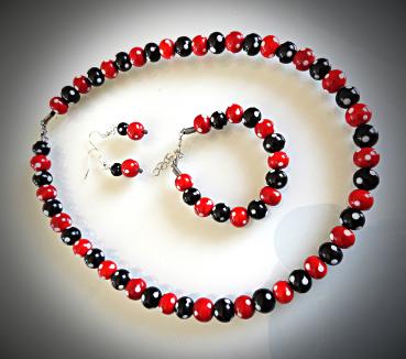 Preview: Rot-schwarzes Perlenset Kette, Armband, Ohrhänger