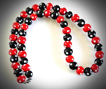 Rot-schwarzes Perlenset Kette, Armband, Ohrhänger