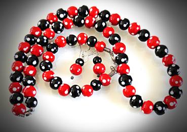 Preview: Rot-schwarzes Perlenset Kette, Armband, Ohrhänger