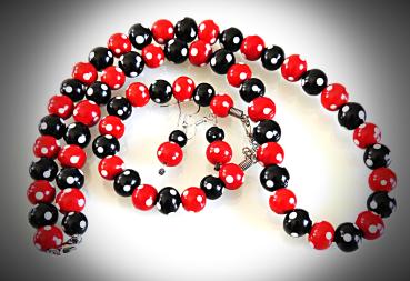 Preview: Rot-schwarzes Perlenset Kette, Armband, Ohrhänger